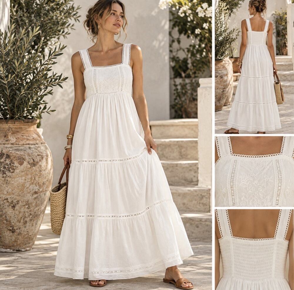 AND NOW THIS Embroidered Cotton Maxi Dress M White Smocked Cottagecore